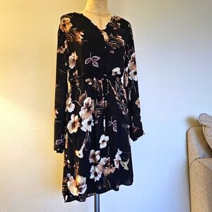 Black & Neutral Floral Wrap Dress